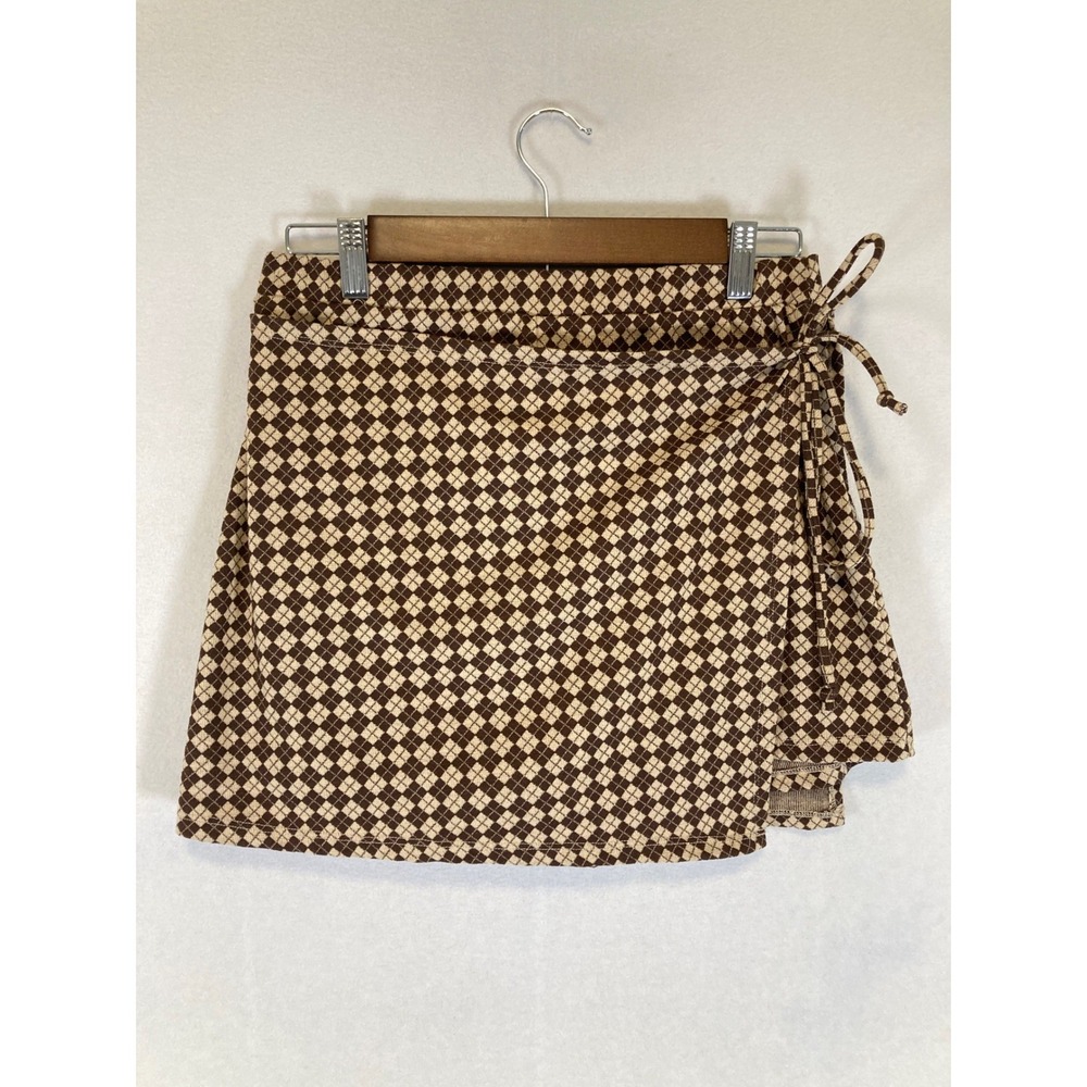 Dark Academia Kirious Los Angeles Women Large Brown Argyle Wrap Tie Mini Skort